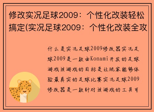 修改实况足球2009：个性化改装轻松搞定(实况足球2009：个性化改装全攻略)